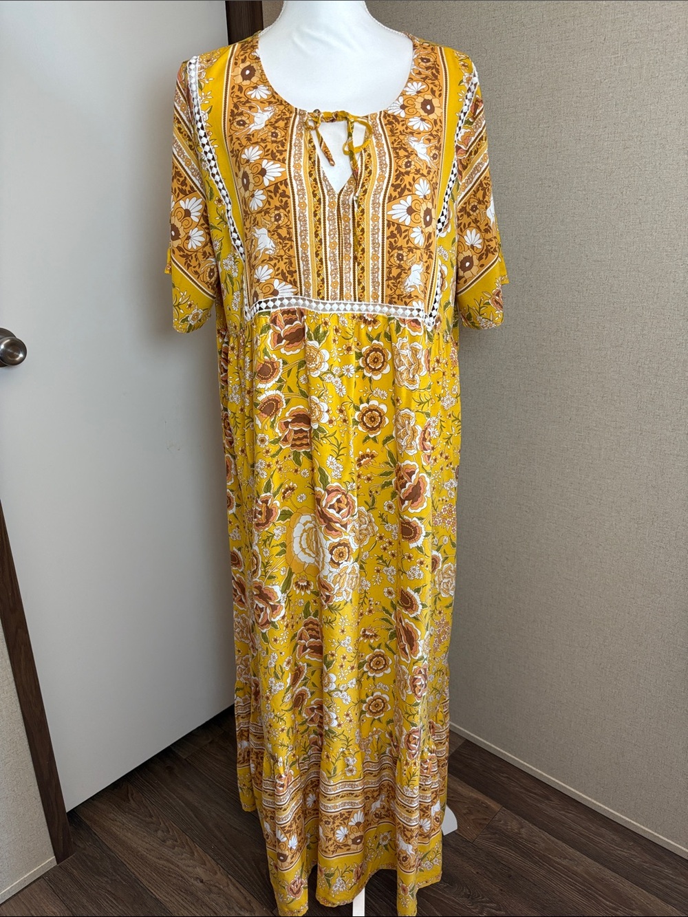 Rusttydustty Yellow Floral Bobo Maxi Dress 3XL Cottagecore Viscose Peasant